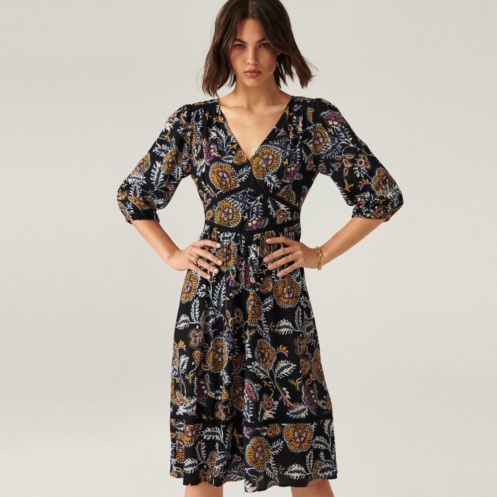 NWT Ba&sh Vienne Smocked-Back Midi Dress Black Size S